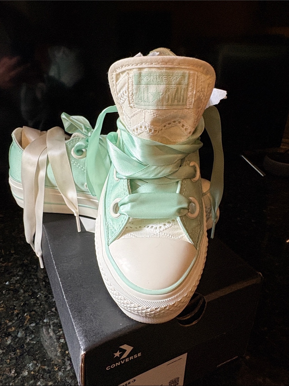 Converse Kids Mint Green Canvas Sneakers with Satin Ribbon Laces